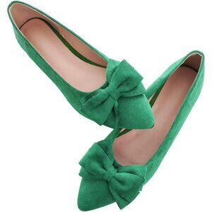Women's Grass Green Bowknot Ballet Flats Pointy Toe Casual Flat Shoes Suede
